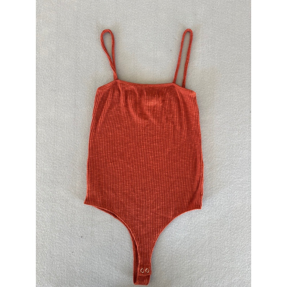 Popular 21 Ribbed Bodysuit Small Excellent Rust Orange Spaghetti Strap Square N